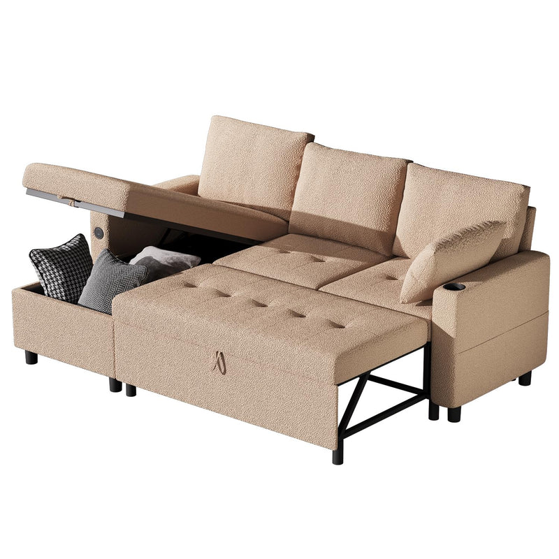 AECOJOY Teddy Velvet L Shaped Sofa, L Shape Couch, Pull Out Bed with USB and Cup Holder, Storage Sofa Cama, Queen Sofa Bed, Sleeper Sofa Couch for Living Room, Sofa Bed Couch in Beige