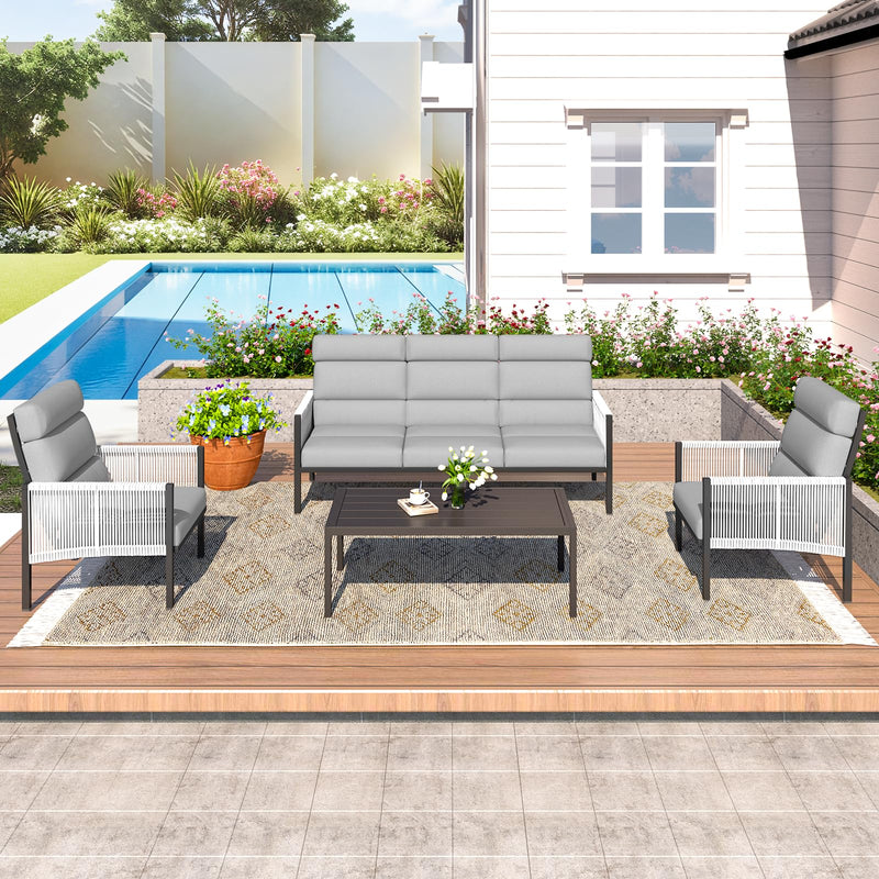YODOLLA 4 Pieces Aluminum Outdoor Conversation Sets with Cushions, Light Gray