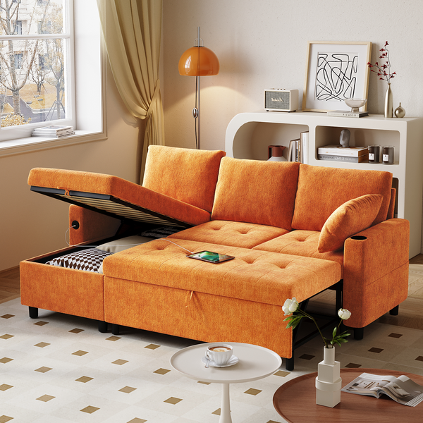 Danrelax Chenille L Shaped Sofa with USB, Cup Holder and Hidden Storage Space, Orange