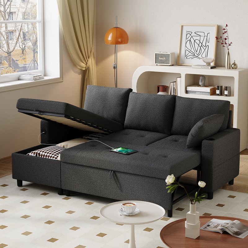 Danrelax Teddy Velvet L Shaped Sofa with USB, Cup Holder and Hidden Storage Space, Black