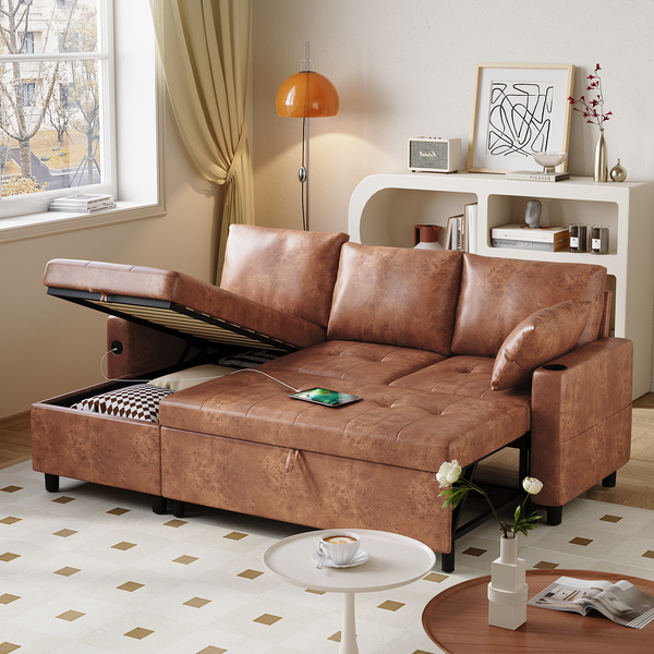 Danrelax Faux Leather L Shaped Sofa with USB, Cup Holder and Hidden Storage Space, Brown