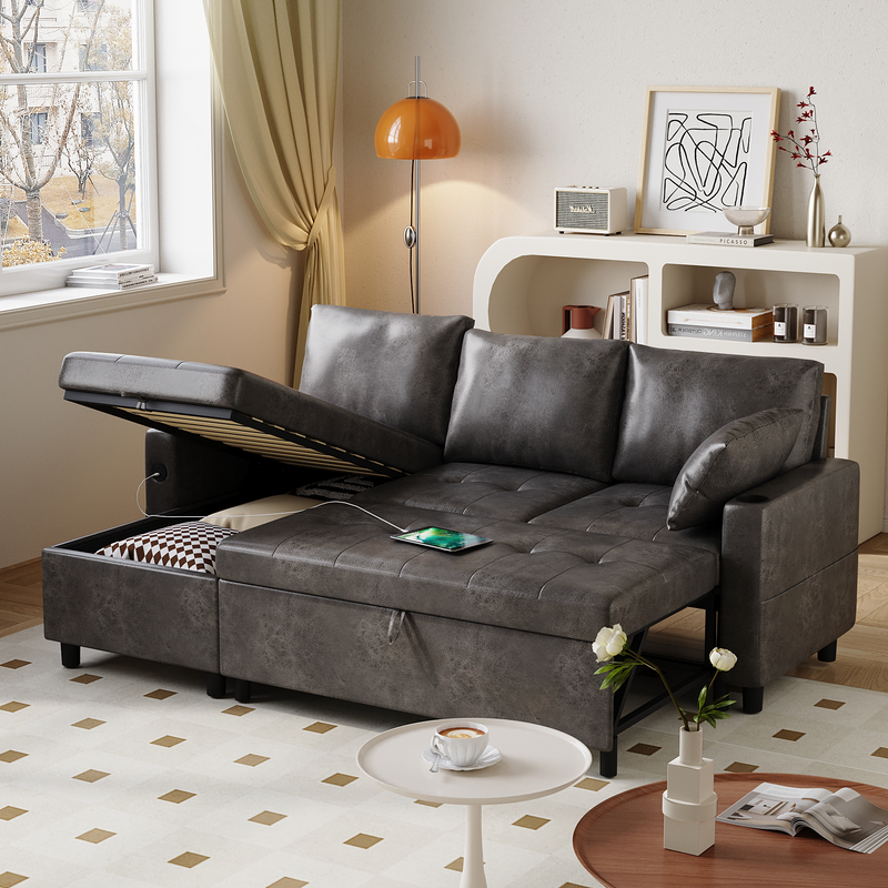 Danrelax Faux Leather L Shaped Sofa with USB, Cup Holder and Hidden Storage Space, Black