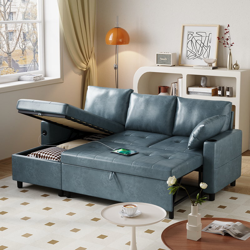 Danrelax Faux Leather L Shaped Sofa with USB, Cup Holder and Hidden Storage Space, Blue