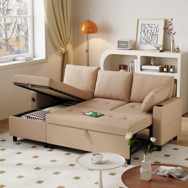 Danrelax Teddy Velvet L Shaped Sofa with USB, Cup Holder and Hidden Storage Space, Brown