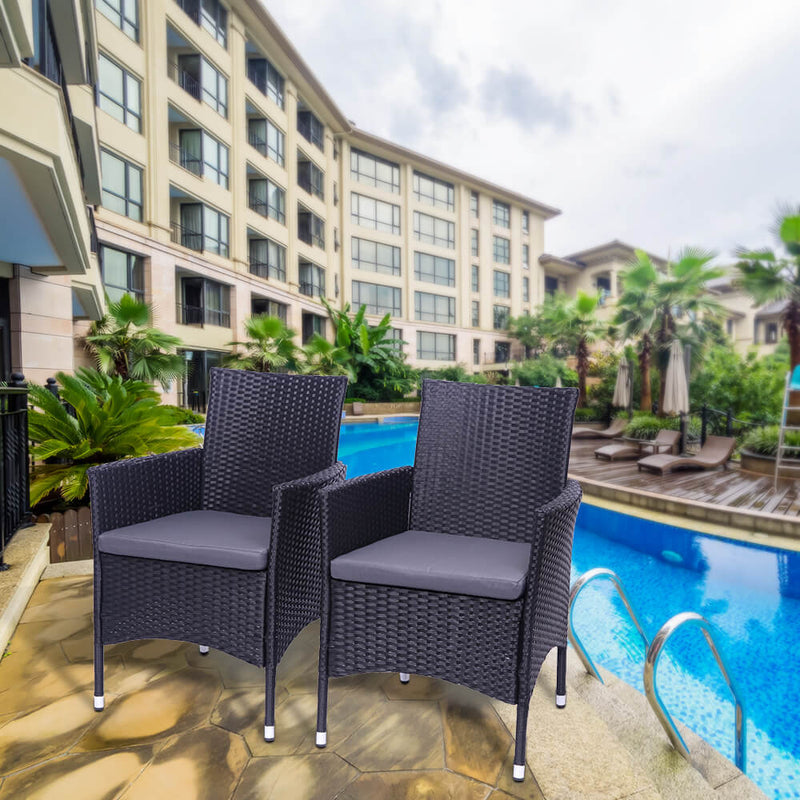 2-Piece Single Backrest Patio Dining Chairs, Rattan Sofa Conversation Set with Cushions, Black