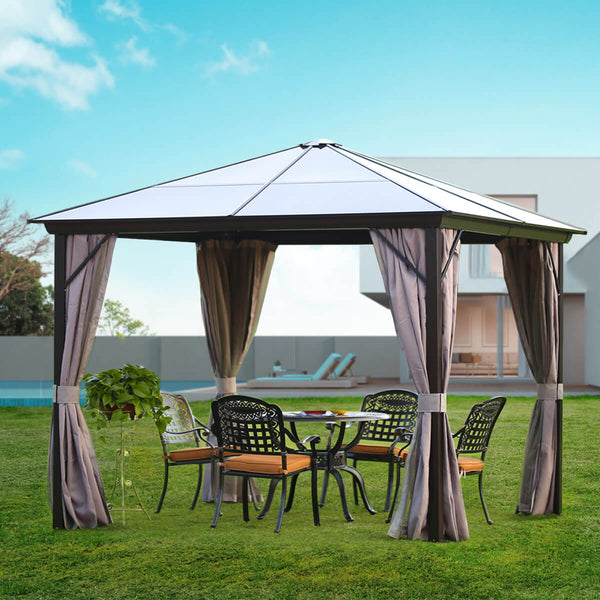 Patio Gazebo Hardtop Gazebo, 10’x10’ Aluminum Frame Gazebo with Mosquito Netting & Curtains for Backyard