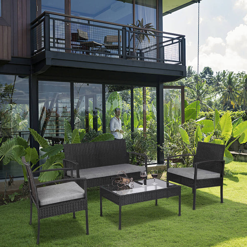 4 Pieces Outdoor Patio Rattan Wicker Furniture Set with Table Sofa Cushioned Black