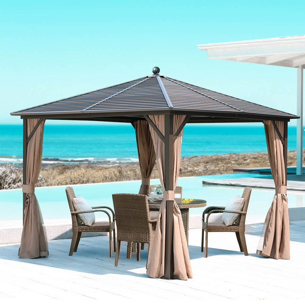 10 x 10ft Outdoor Galvanized Steel Hardtop Gazebo Canopy Aluminum Furniture Pergolas with Netting Curtains