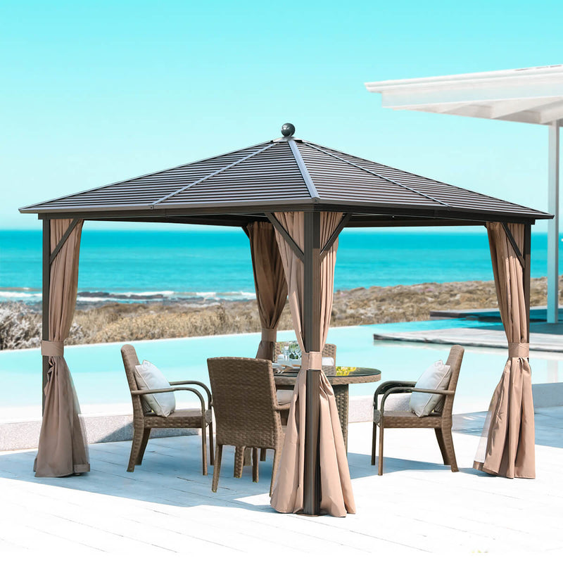 10 x 10ft Outdoor Galvanized Steel Hardtop Gazebo Canopy Aluminum Furniture Pergolas with Netting Curtains