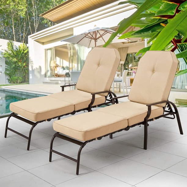Cushioned Patio Lounge Chair Set of 2- Beige