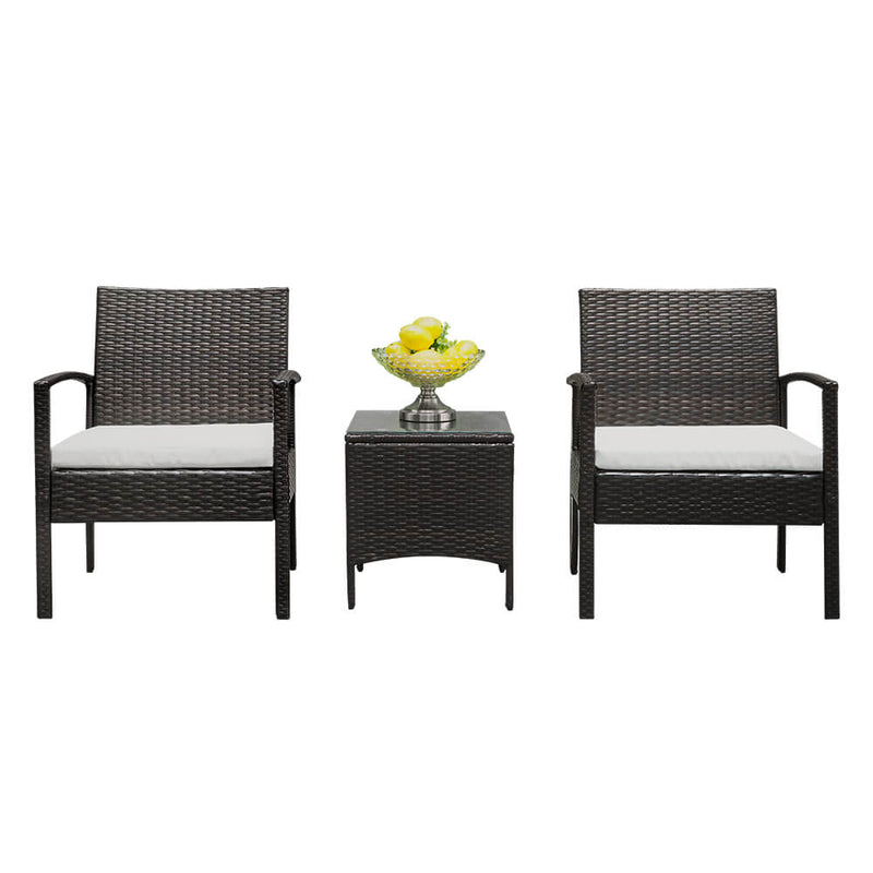 3-Piece Wicker Patio Dining Furniture Set, Rattan Sofa Conversation Set, Arm Chairs Coffee Table with Cushions & Tempered Glass Tabletop
