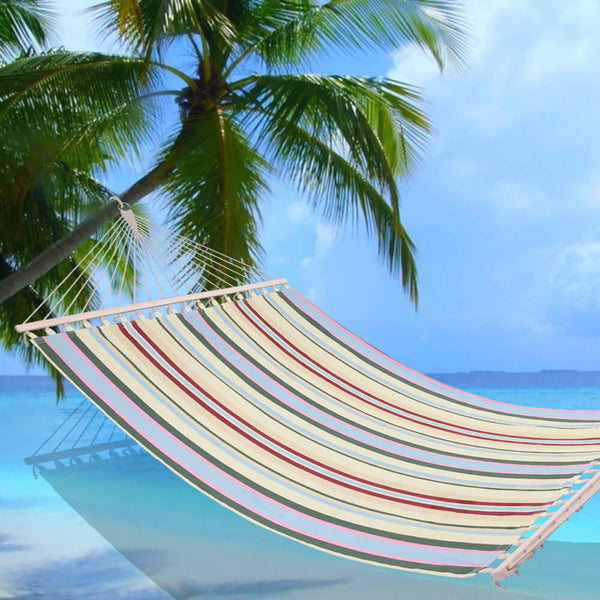 2 Person Double Hammock Bed with Wood Spreader Bar, Portable Patio Swing Hammocks (Beige)