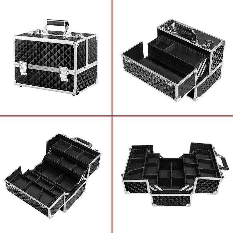 Multi-layer Professional Portable Aluminum Cosmetic Makeup Case Black