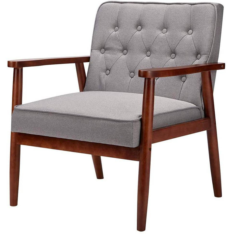 Mid-Century Retro Lounge Accent Chair Faux Leather Tufted Back Wooden Arm Chair Grey Fabric