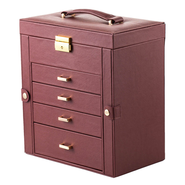 Synthetic Leather Huge Jewelry Box Mirrored Watch Organizer Storage Lockable Gift Case Brown