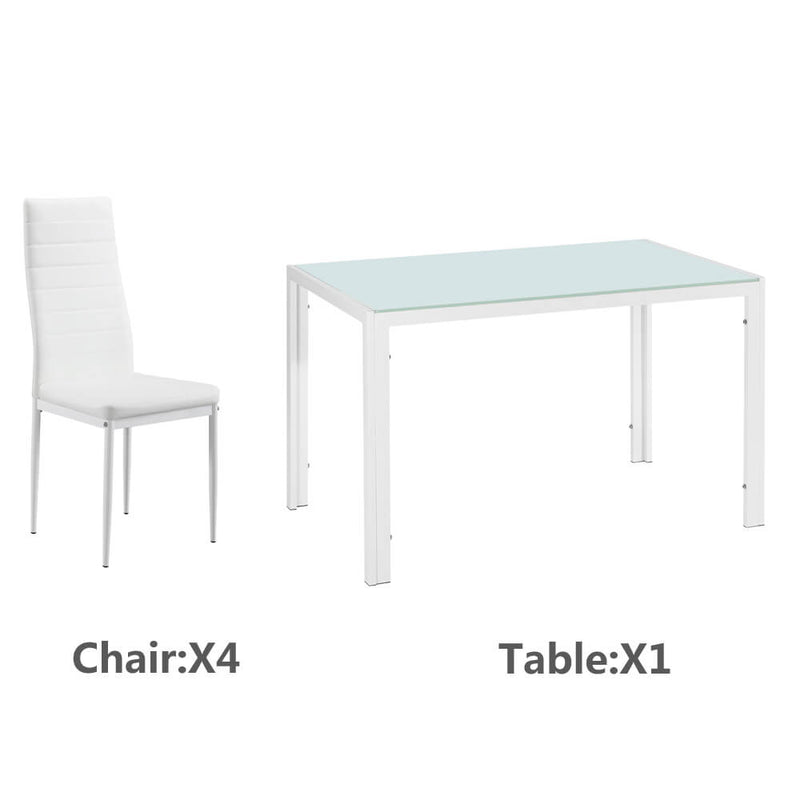 5 Piece Dining Set GlassTable and 4 Leather Chair for Kitchen Dining White