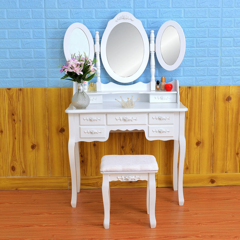 3 Mirrors with 7 Drawers Dressing Table White
