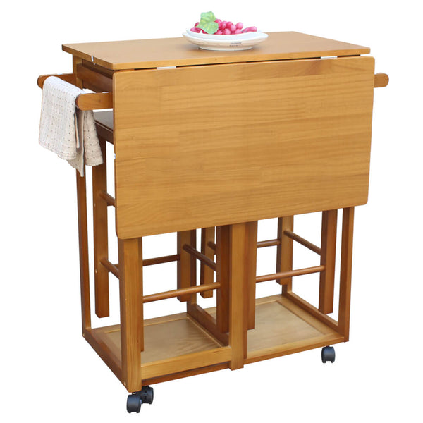 Square Solid Wood Folding Dining Cart with 2 Free Stools Brown