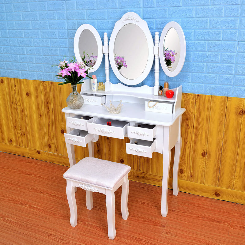 3 Mirrors with 7 Drawers Dressing Table White