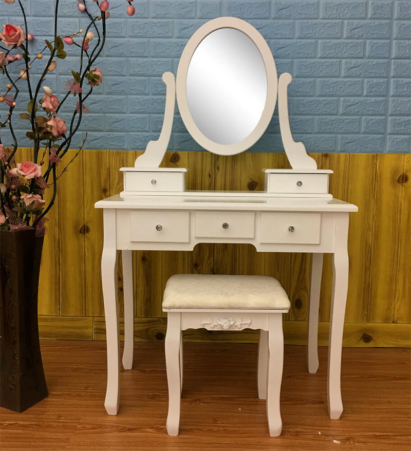 Single Mirror 5 Drawers Dressing Table, White