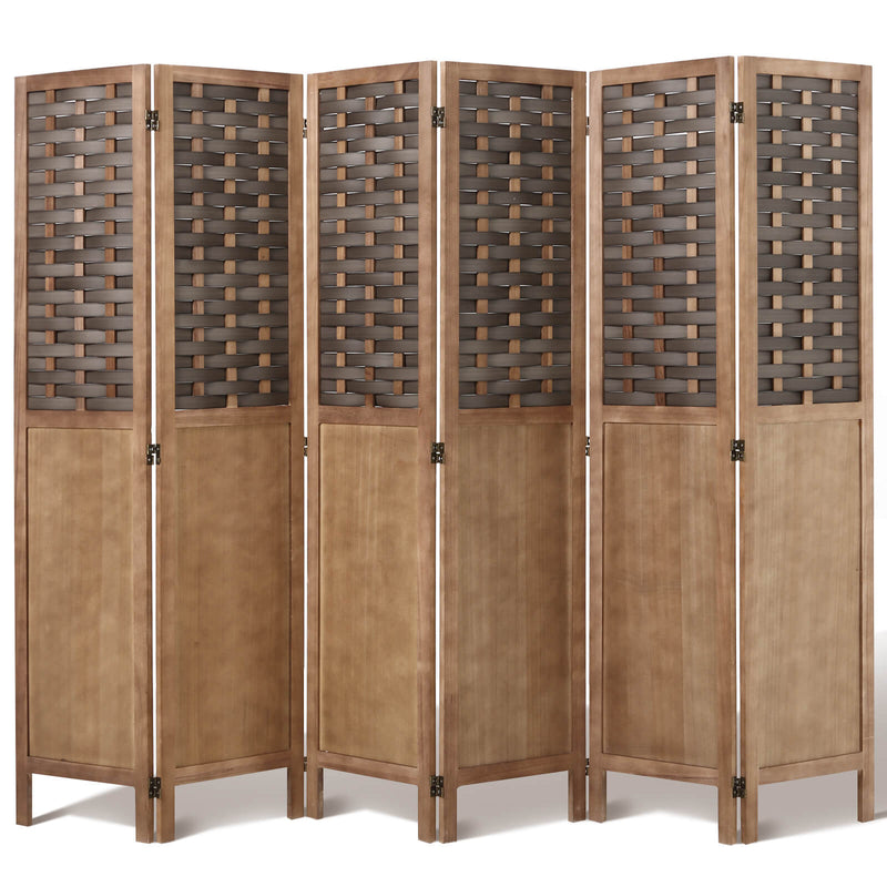 6 Panels Folding Room Divider 5.6ft Wood Privacy Screens with Hand-Woven Wicker Rattan, Brown