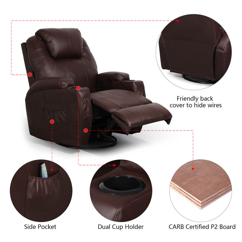 Massage Recliner Chair Heated PU Leather Ergonomic Lounge 360 Degree Swivel, Brown