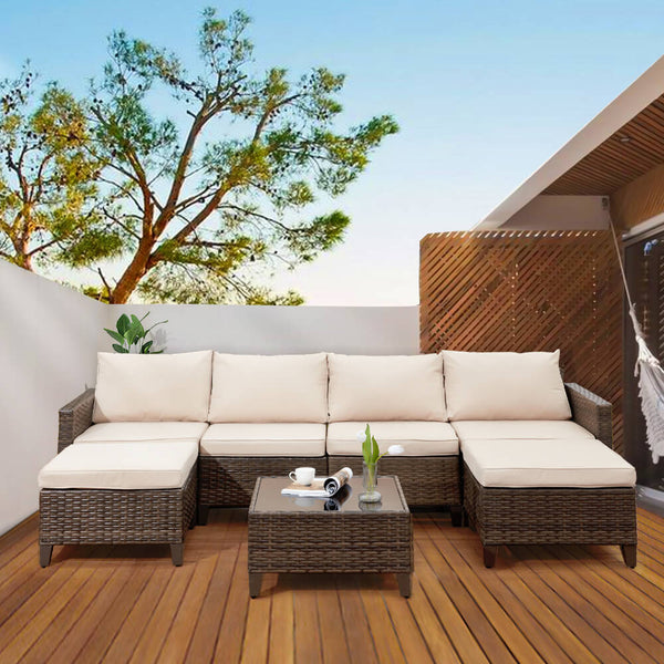 7 Pcs Outdoor Sectional Sofa Rattan Patio Conversation Set w/ 2 Ottomans, Coffee Table, Cushions