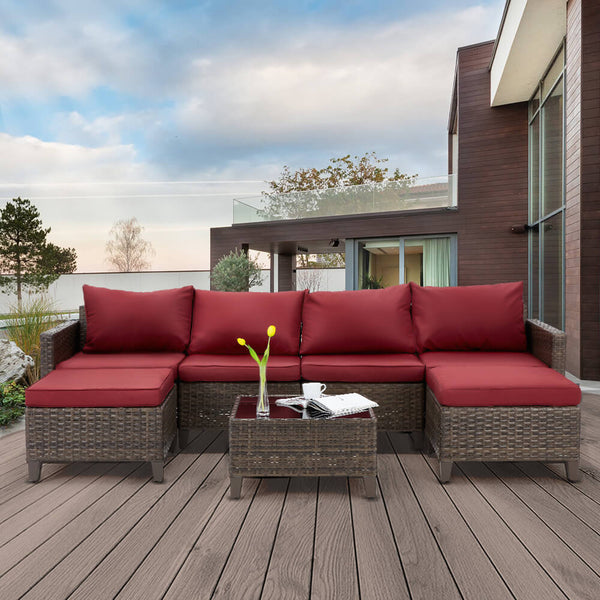 7 Pcs Outdoor Rattan Sectional Sofa Patio Furniture Set w/ Ottomans, Red Cushion & Tea Table