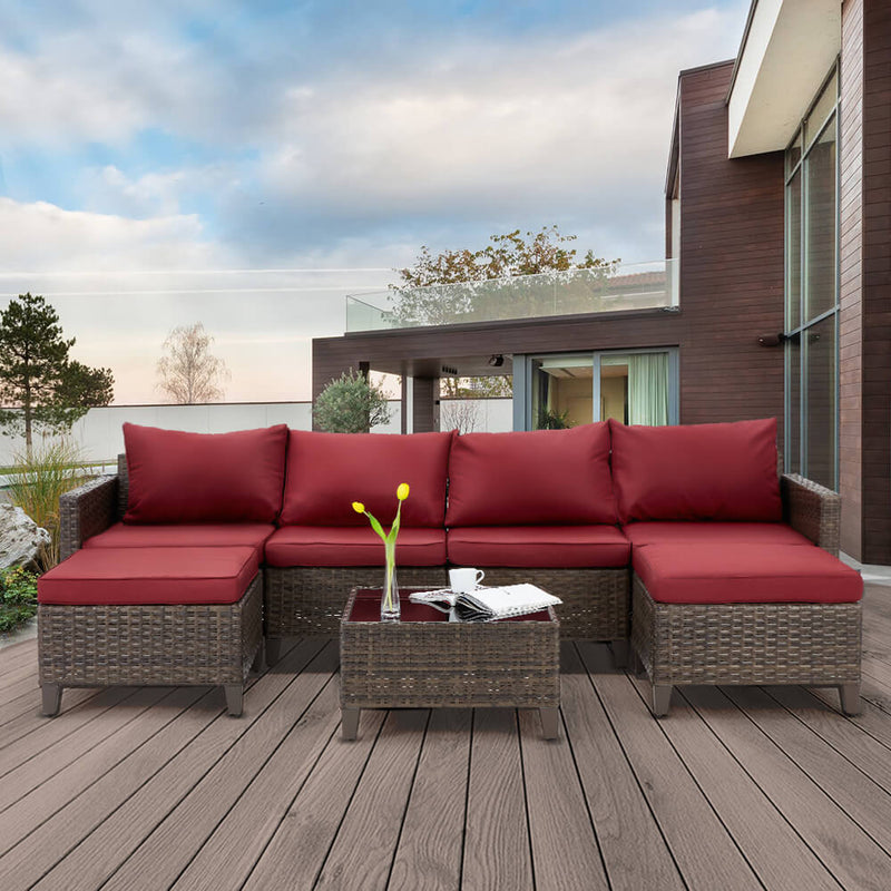 7 Pcs Outdoor Rattan Sectional Sofa Patio Furniture Set w/ Ottomans, Red Cushion & Tea Table