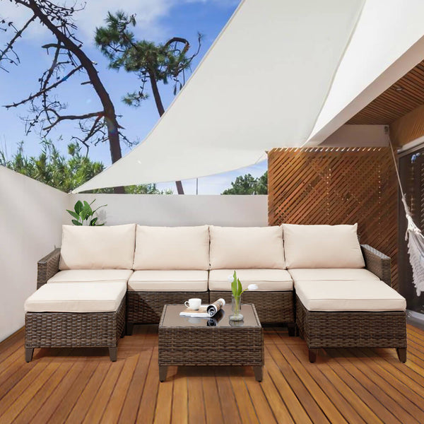 7 Pcs Outdoor Sectional Sofa Rattan Patio Conversation Set w/ 2 Ottomans, Coffee Table, Cushions