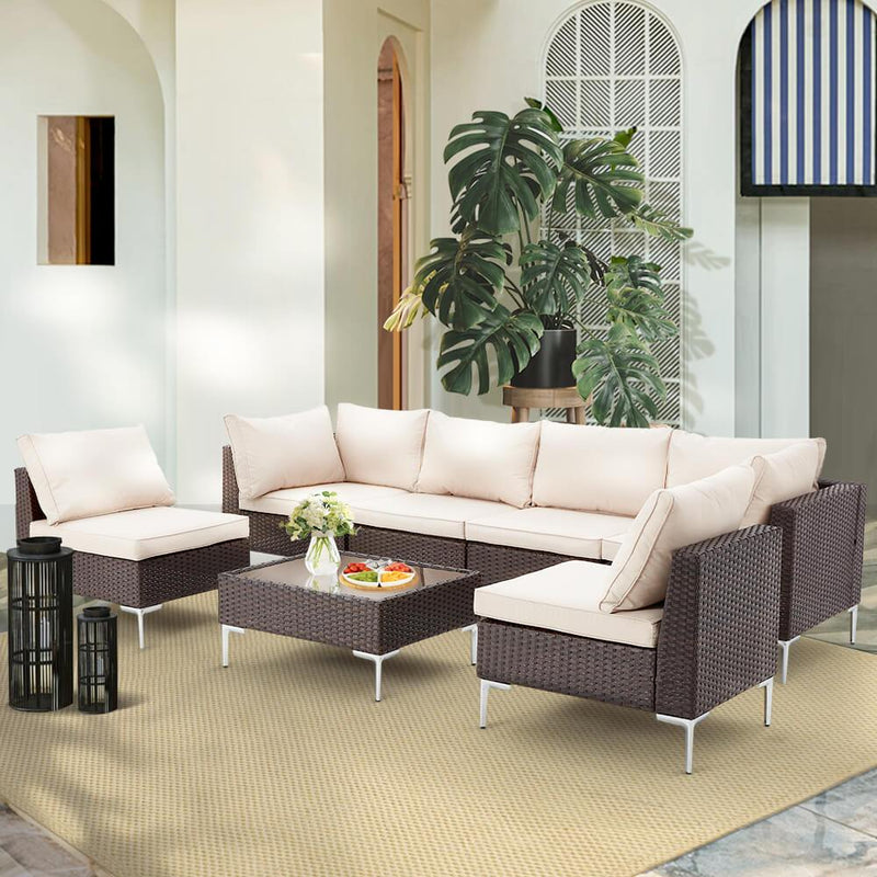 7 Pcs Outdoor Wicker Sectional Sofa All-Weather Furniture Set with Cushion/Tea Table
