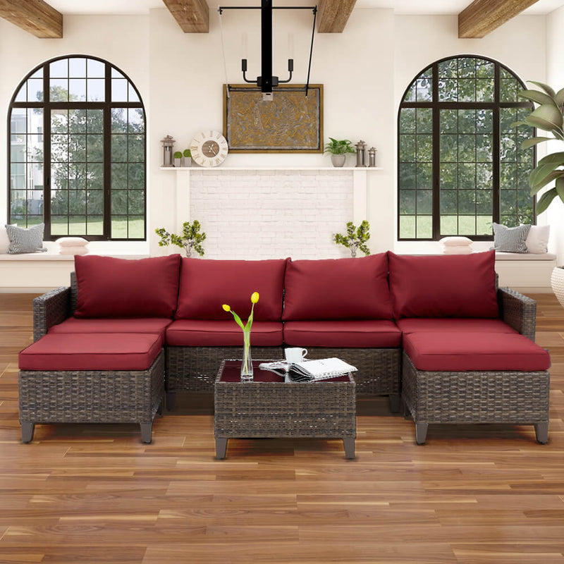 7 Pcs Outdoor Rattan Sectional Sofa Patio Furniture Set w/ Ottomans, Red Cushion & Tea Table