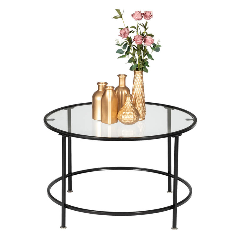 Round Wrought Iron Coffee Table 2 Layers Tempered Glass Countertops Black 36 Inches