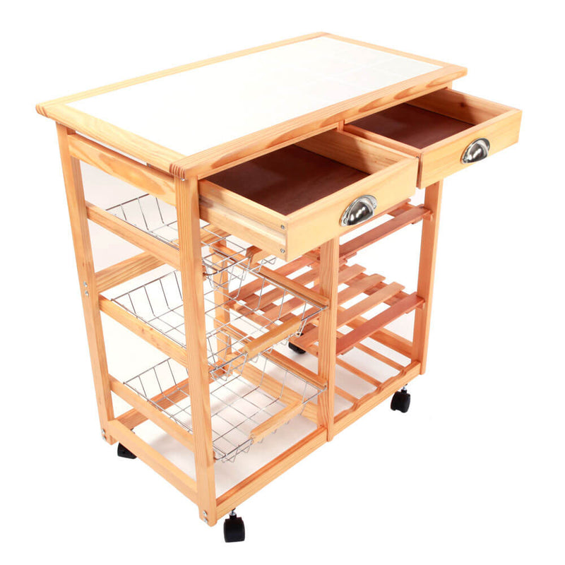 Kitchen & Dining Room Cart 2-Drawer Removable Storage Rack with Rolling Wheels Wood Color