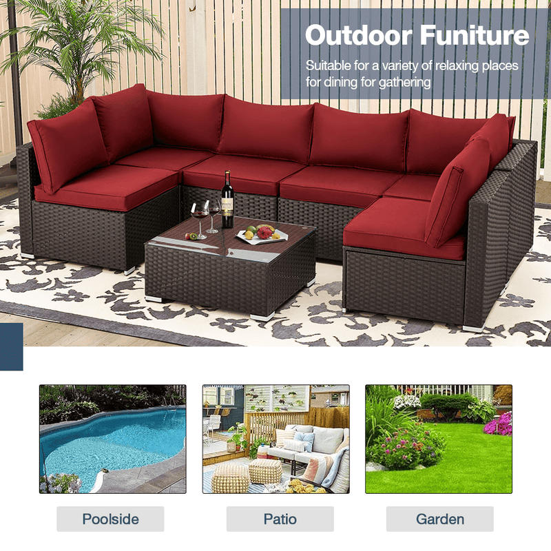 7 Pcs Patio Furniture Set All Weather Sectional Sofa w/ Red Cushion & Coffee Table