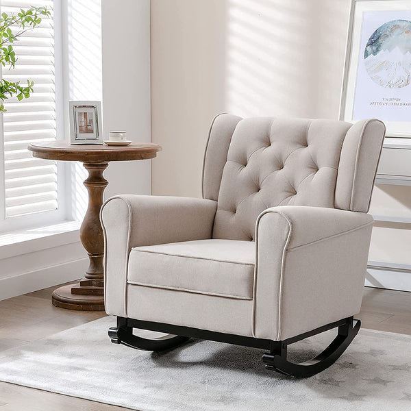 Mid Century Modern Rocking Chair, Tufted Upholstered Glider with High Back, Beige