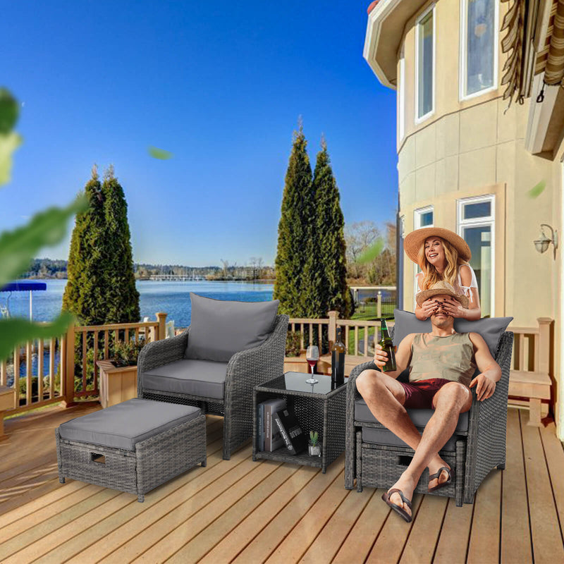 5 Pcs Patio Wicker Recliner Lounge Chair Set with 2 Ottomans, Grey Cushion & Coffee Table