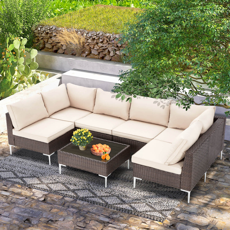 7 Pcs Outdoor Wicker Sectional Sofa All-Weather Furniture Set with Cushion/Tea Table
