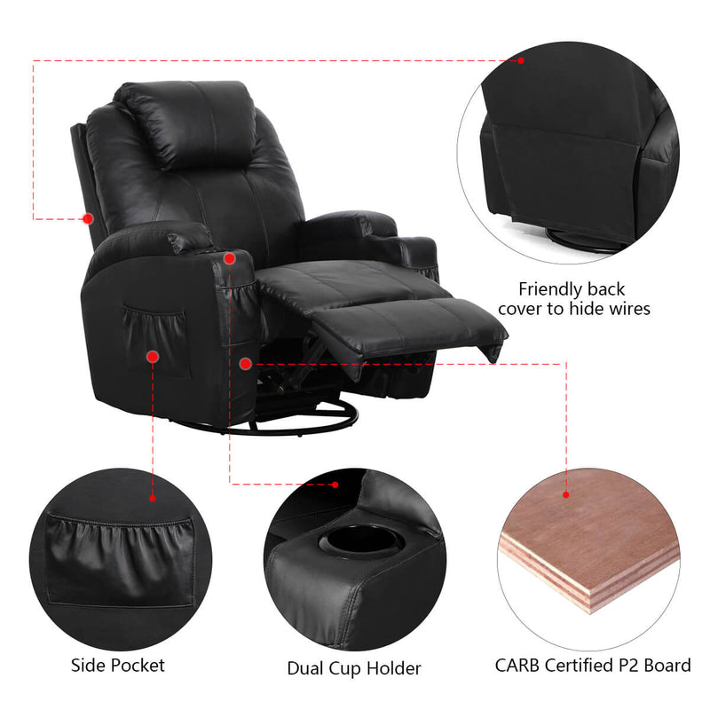 Massage Recliner PU Leather Ergonomic Lounge Heated Chair 360 Degree Swivel Recliner (Black)