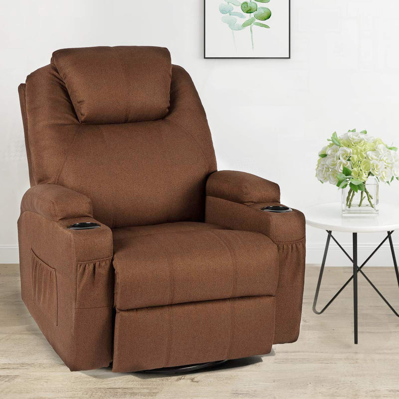 Coffee Fabric Massage Recliner Chair 360 Degrees Swivel Heated Ergonomic Lounge