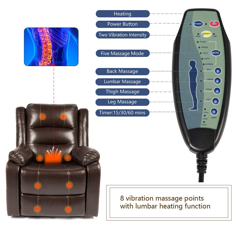 Power Lift Chair Faux Leather Electric Recliner for Elderly, Heated Vibration Massage Sofa with Side Pockets, USB Charge Port & Remote Control, Dark Brown