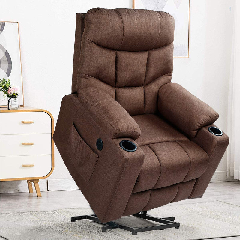 Power Lift Chair Electric Recliner for Elderly Heated Vibration Fabric Sofa Motorized Living Room Chair with Side Pocket and Cup Holders, Brown