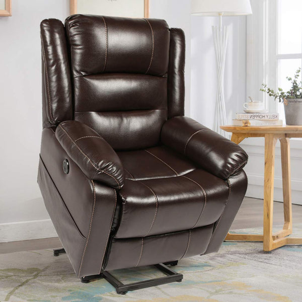 Power Lift Chair Faux Leather Electric Recliner for Elderly, Heated Vibration Massage Sofa with Side Pockets, USB Charge Port & Remote Control, Dark Brown