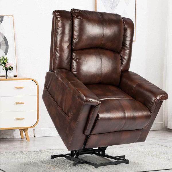 Power Lift Chair Electric Recliner for Elderly with Heat and Massage, 3 Positions, 2 Side Pockets, Faux Leather Recliners, Luxury Brown