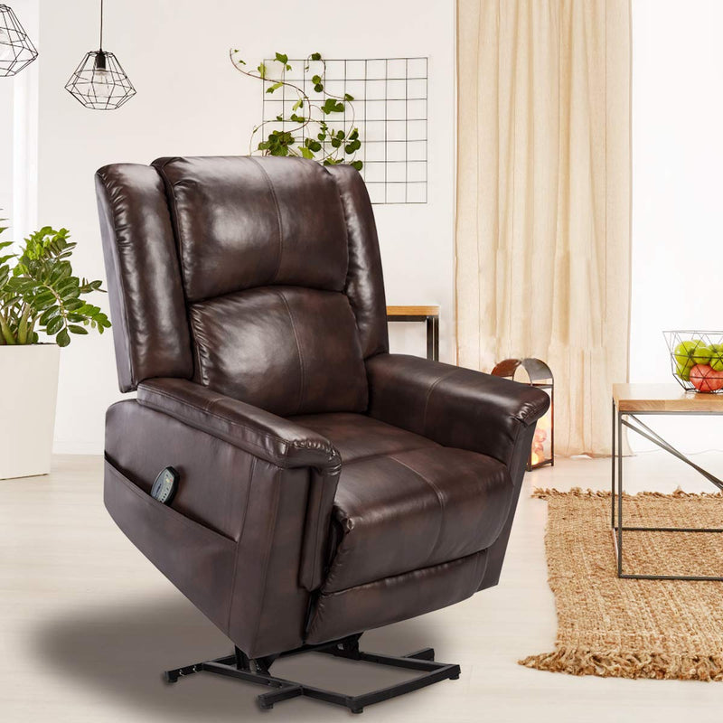 Power Lift Chair Electric Recliner for Elderly with Heat and Massage, 3 Positions, 2 Side Pockets, Faux Leather Recliners, Luxury Brown