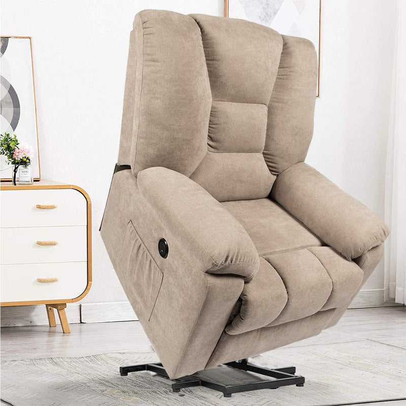 Microfiber Power Lift Electric Recliner Chair with Heated Vibration Massage Sofa Fabric Living Room Chair with 2 Side Pockets, USB Charge Port & Massage Remote Control, Beige Gray