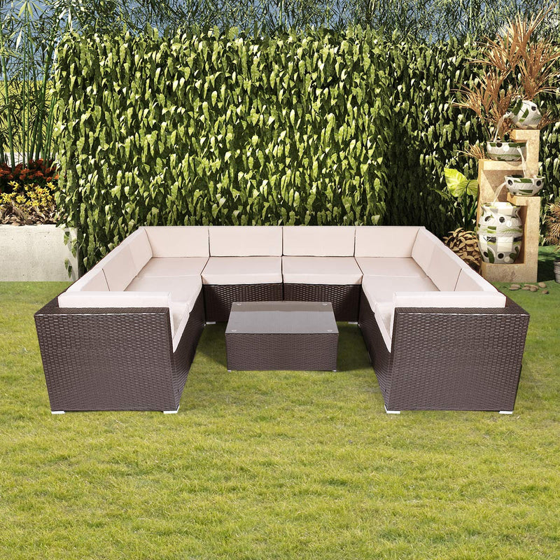 9 Pieces Patio PE Rattan Wicker Sofa Sectional Furniture Set Brown