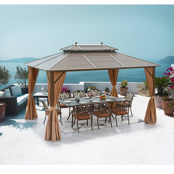 10‘ x 13’ Hardtop Gazebo Galvanized Steel, Double-Roof Gazebos Pergolas Aluminum Frame with Netting & Curtains