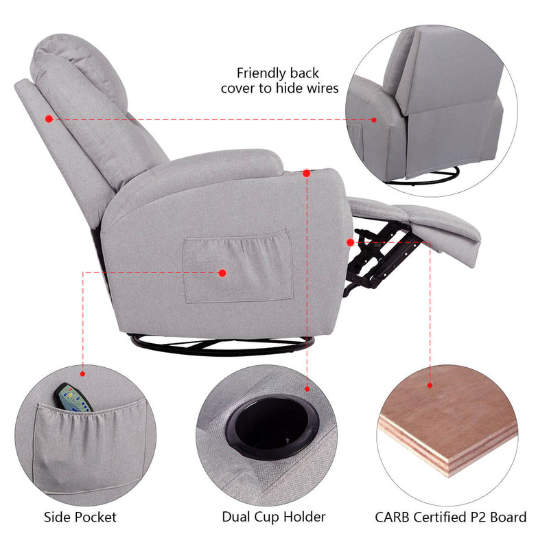 Grey Fabric Massage Recliner Chair 360 Degree Swivel Heated Ergonomic Lounge
