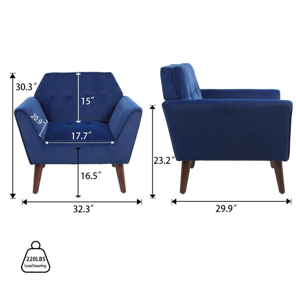 Mid Century Modern Arm Chair, Upholstered Sofa Chairs with Rubber Wood Legs Blue